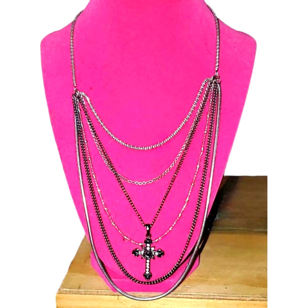 Black & Silver Tone Necklace Layred Chains Cross of Jesus Rhinestones